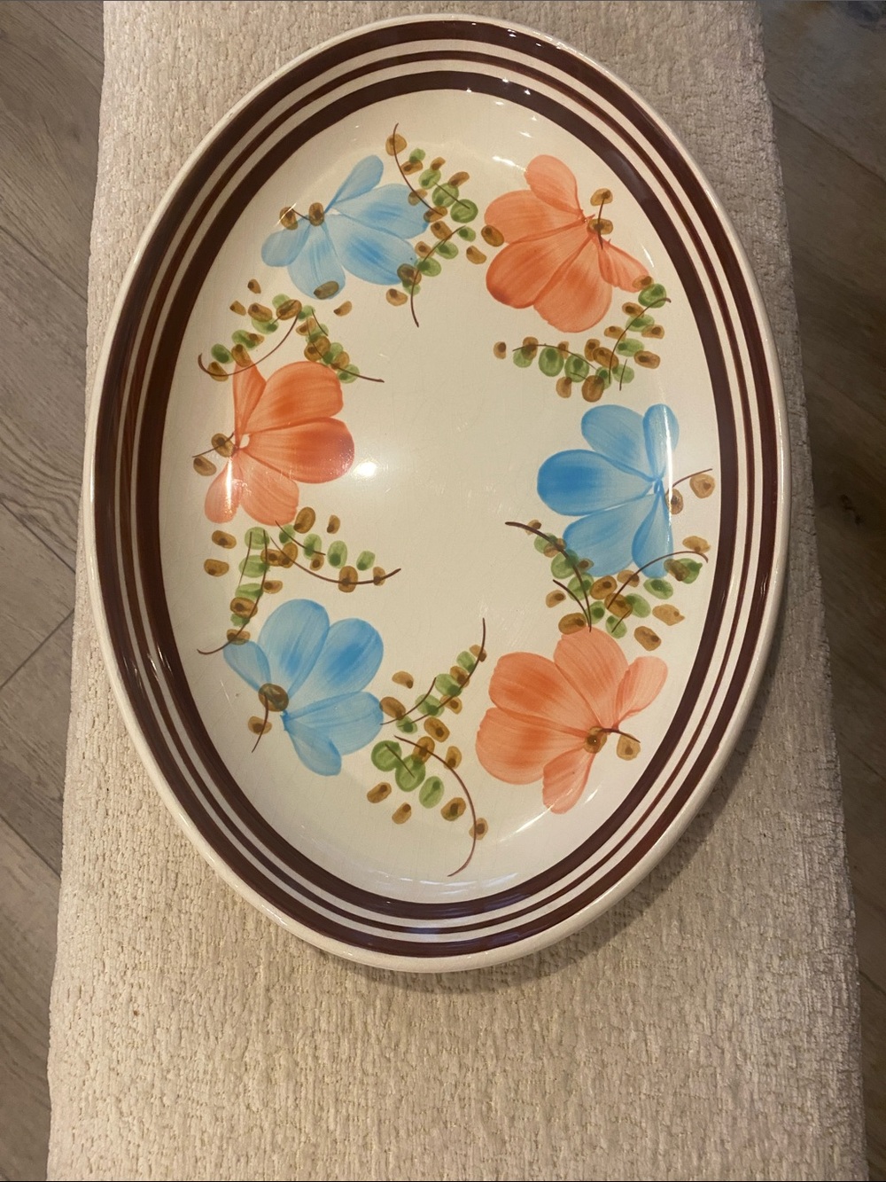 Hand-Painted Floral Oval Serving Platter - Cream Base with Blue & Orange Flowers